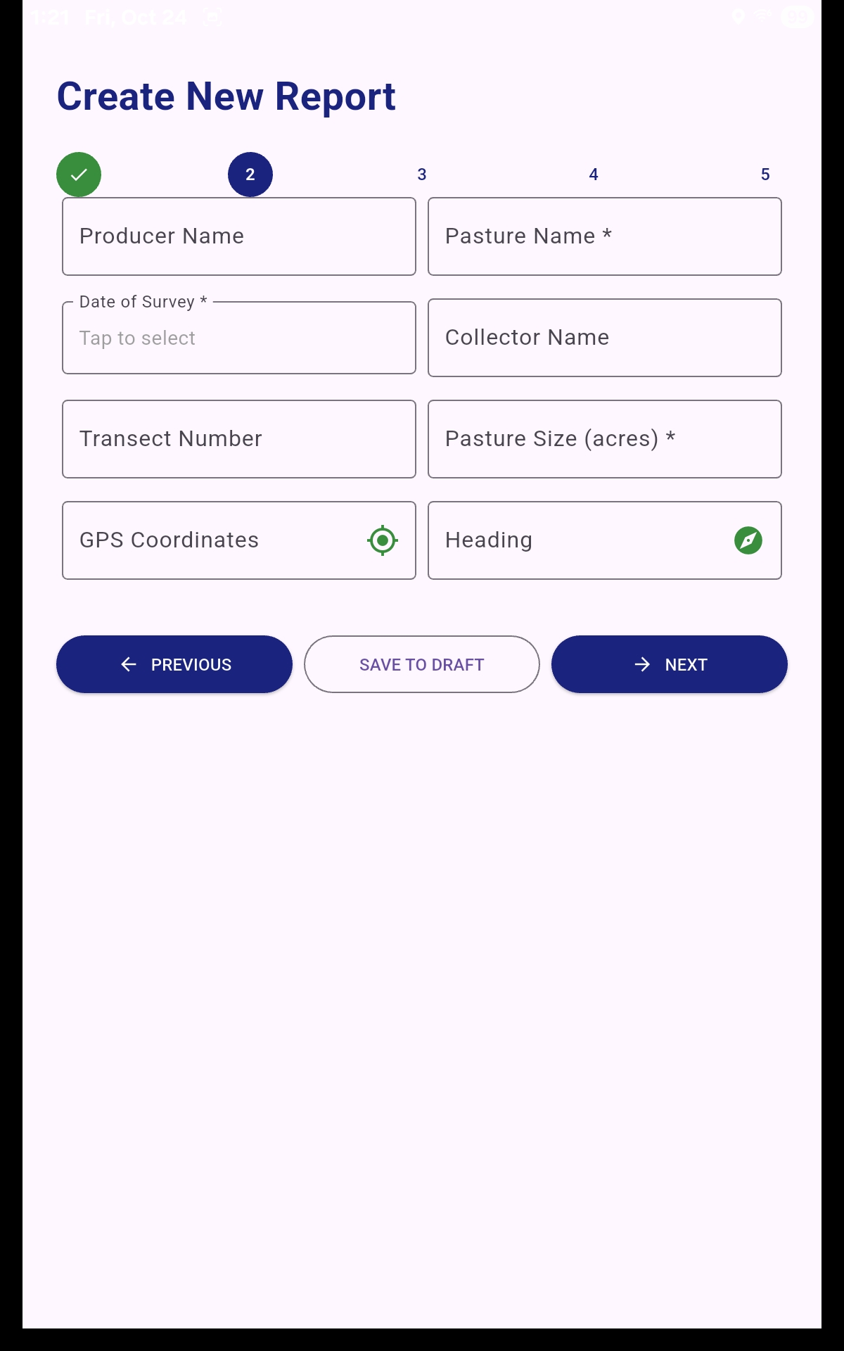Mobile app screen showing basic information form with GPS autofill button